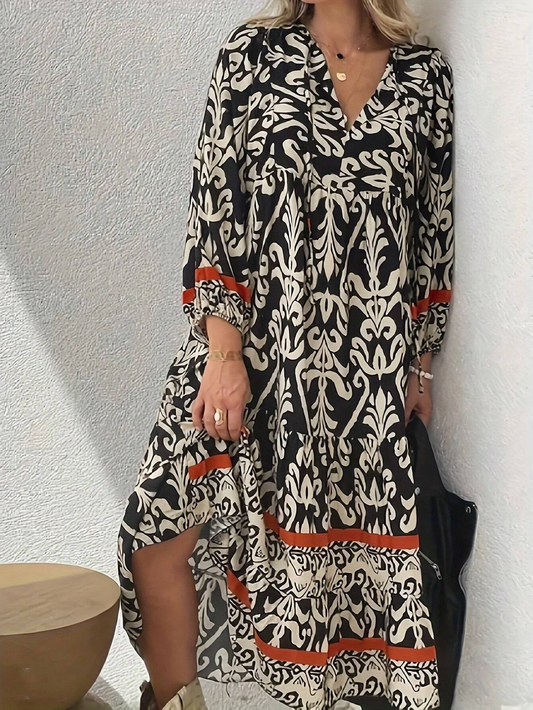 💝Women's V-Neck Lantern Sleeve Ethnic Floral Print Dress