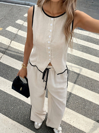 🔥Hot Sale 60% Off🔥Women's Contrast Binding Sleeveless Tank & Drawstring Waist Pants Two-piece Set