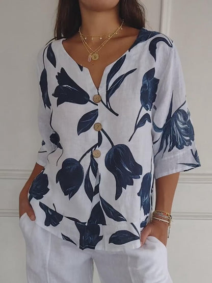 🎉HOT SALE 49% OFF💐–Women's Printed Linen V-Neck Loose Tunic Top