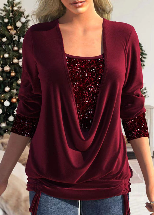 🎁Big sale 49% OFF 🎁Sequin Loose Smocked Fake Two-Piece Top