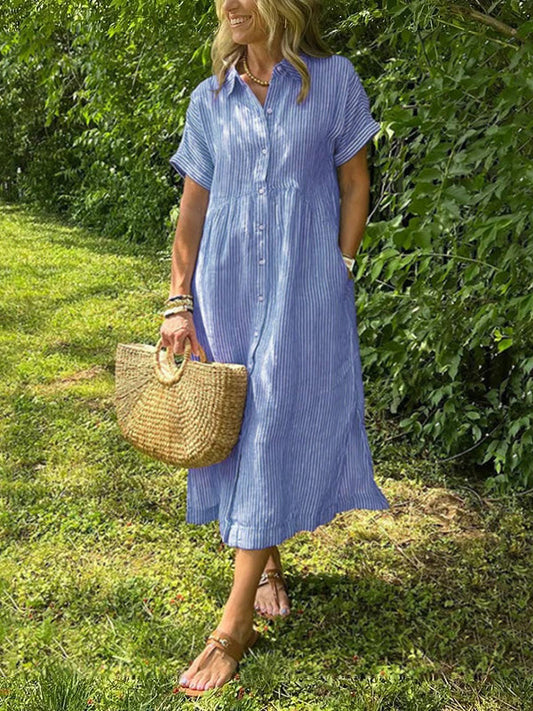 🔥LAST DAY SALE 49% OFF🔥 Striped Lapel Functional Pockets Button Down Shirt Dress