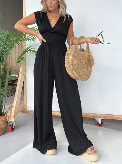 🔥V-Neckline Wide Leg Jumpsuit with Adjustable Back Tie