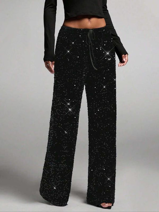💖LAST DAY SALE 50% OFF💃Women's Sequin Sparkle Wide Leg Pants with Elastic Waistband