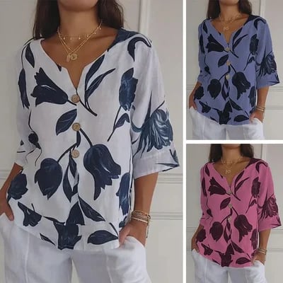 🎉HOT SALE 49% OFF💐–Women's Printed Linen V-Neck Loose Tunic Top