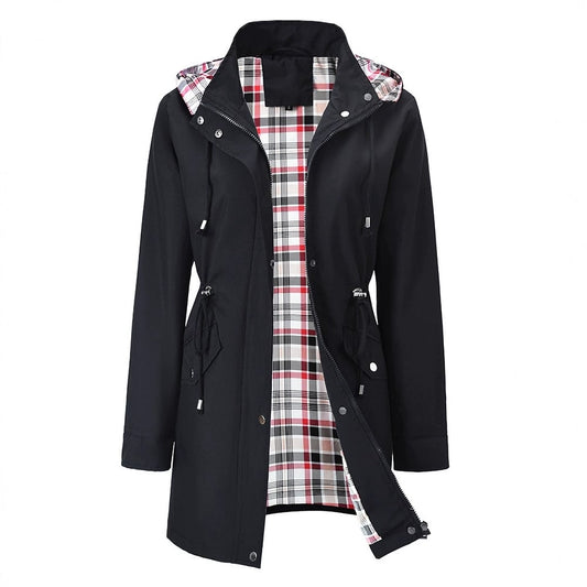 🥰50% OFF🧥Women's Solid-Color Hooded Windbreaker Jacket🍃Drawstring Waist, Zip & Button Closure, Waterproof Long-Sleeve Casual Outerwear Coat for Spring & Fall