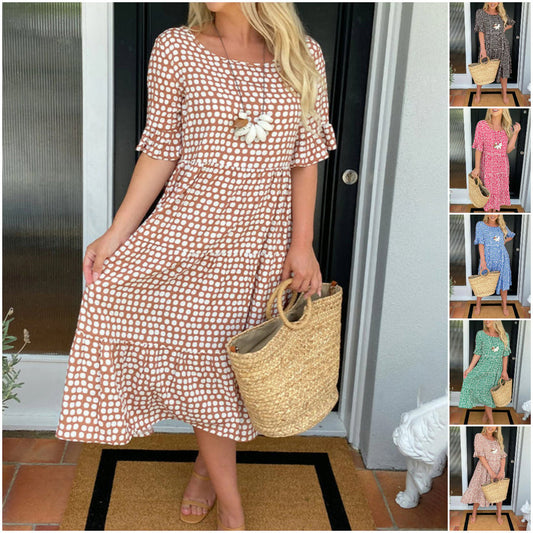 ☄️Summer Sale 50% OFF🎉Round Neck Polka Dot Print Midi Dress
