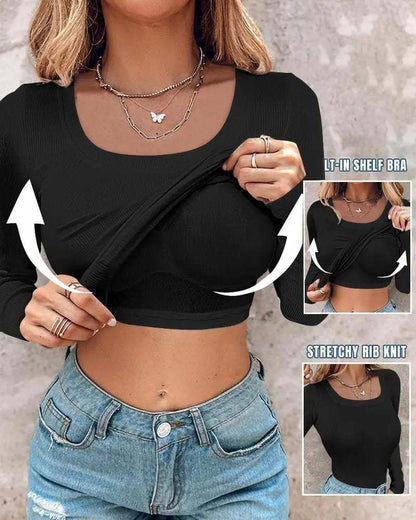 💥LAST DAY SPECIAL PRICE: ￡14.99!!🎁🔥Neck Built-in Bra Long Sleeve Ribbed Top Shirts Elegant Skinny Fit Fabric