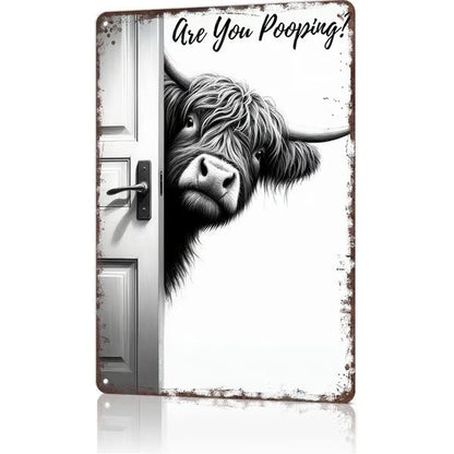 🚽🖼️Vintage Highland Cow Aluminum Sign: Funny "Are You Pooping?" Black and White Bathroom Wall Decor😂