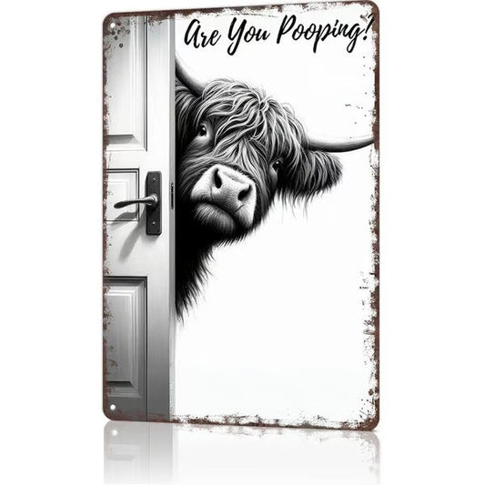 🚽🖼️Vintage Highland Cow Aluminum Sign: Funny "Are You Pooping?" Black and White Bathroom Wall Decor😂