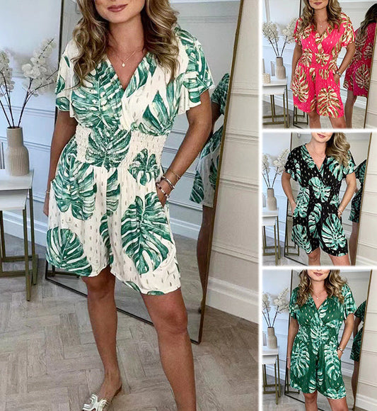 🌸NEW HOT SALE🔥Women's Botanical Print Elastic Waist Romper