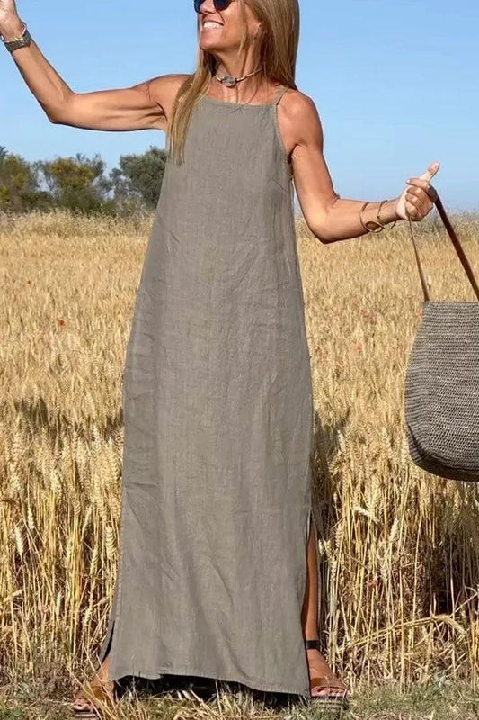 🔥Summer Hot Sale 49% OFF🔥Women's Casual Solid Color Halter Sleeveless Linen Dress