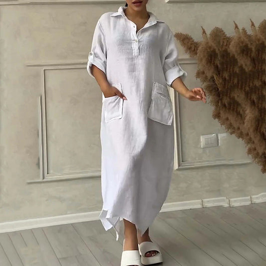 Women's Cotton Linen Solid Colour Lapel Dress