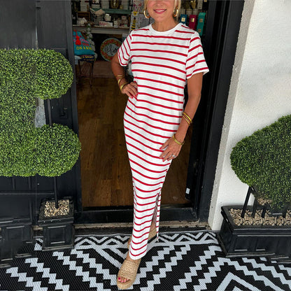 🔥Summer Hot sale 60%OFF 🔥Round Neck Slit Hem Striped Maxi Dress