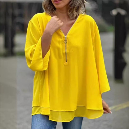 Double-Layer V-neck Zipper 3/4 Sleeves Soft Tops