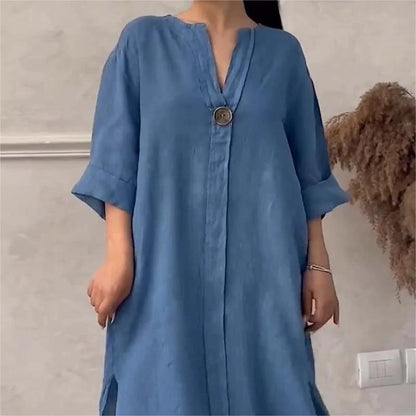 🍂Casual Breathable 3/4 Sleeves V Neck Solid Color Dress