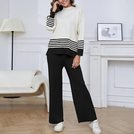 🌟Soft Striped Sweater & Wide Leg Pants Set💕