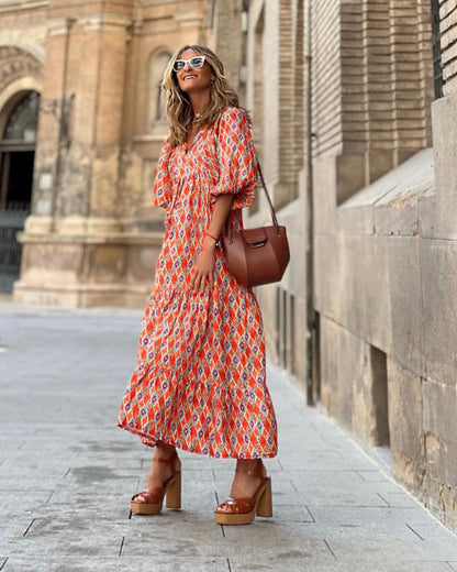 🌸Big price reduction🌸Women's Elegant Puff Sleeve Floral Boho Maxi Dress