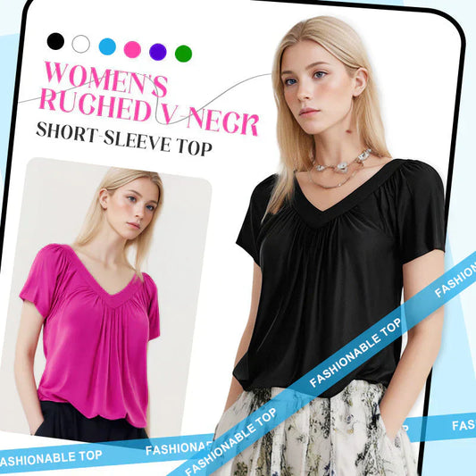 💥Limited Sale 60% OFF💥Women's Casual Pleated V-Neck Short-Sleeve Top