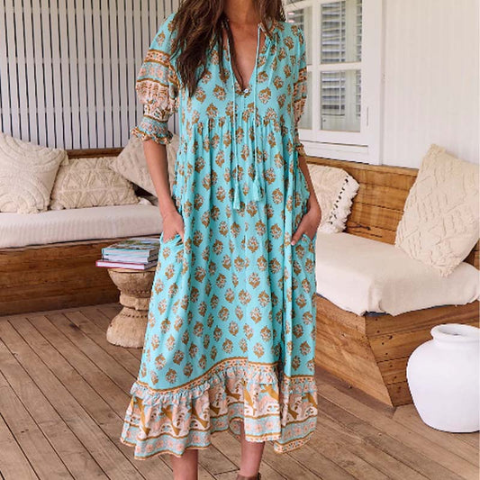 🌸Spring Specials 50% OFF👗Boho Floral V Neck High Waist A-Line Swing Dress