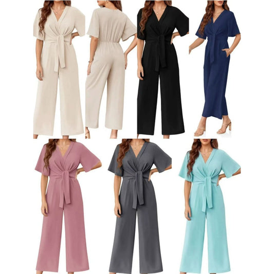 ⏰HOT SALE 49% OFF!!💖Women's Elegant V-Neck Wide Leg Waist Tie Jumpsuit