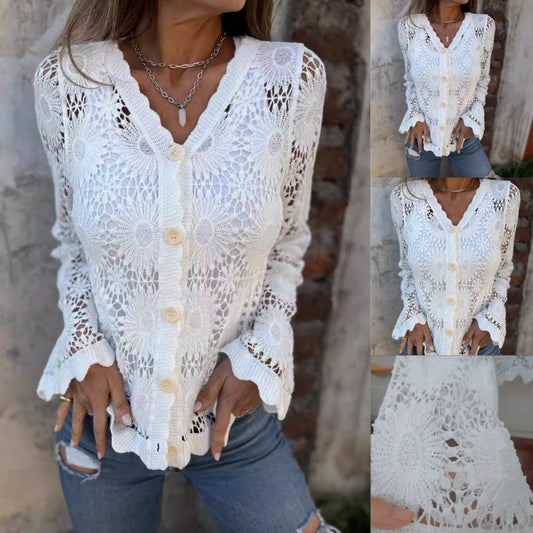 🌸 Hot Sale 50%OFF🌸Cutout Embroidered V-Neck Button Long Sleeve Top，Best gifts
