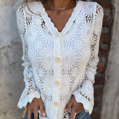 🌸 Hot Sale 50%OFF🌸Cutout Embroidered V-Neck Button Long Sleeve Top，Best gifts