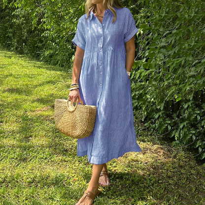 🔥LAST DAY SALE 49% OFF🔥 Striped Lapel Functional Pockets Button Down Shirt Dress