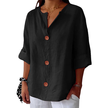 💓Limited Sale 50% Off💓Women's Loose V-Neck Top with Buttons and 3/4 Sleeves
