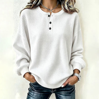 🎉Hot Sale-50% OFF💙Women's Casual Waffle Knit Sweatshirt Loose Long‑Sleeve Button Neck Pullover