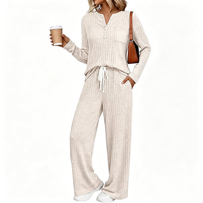 Women's Ribbed Henley Top & Wide-Leg Pants Set